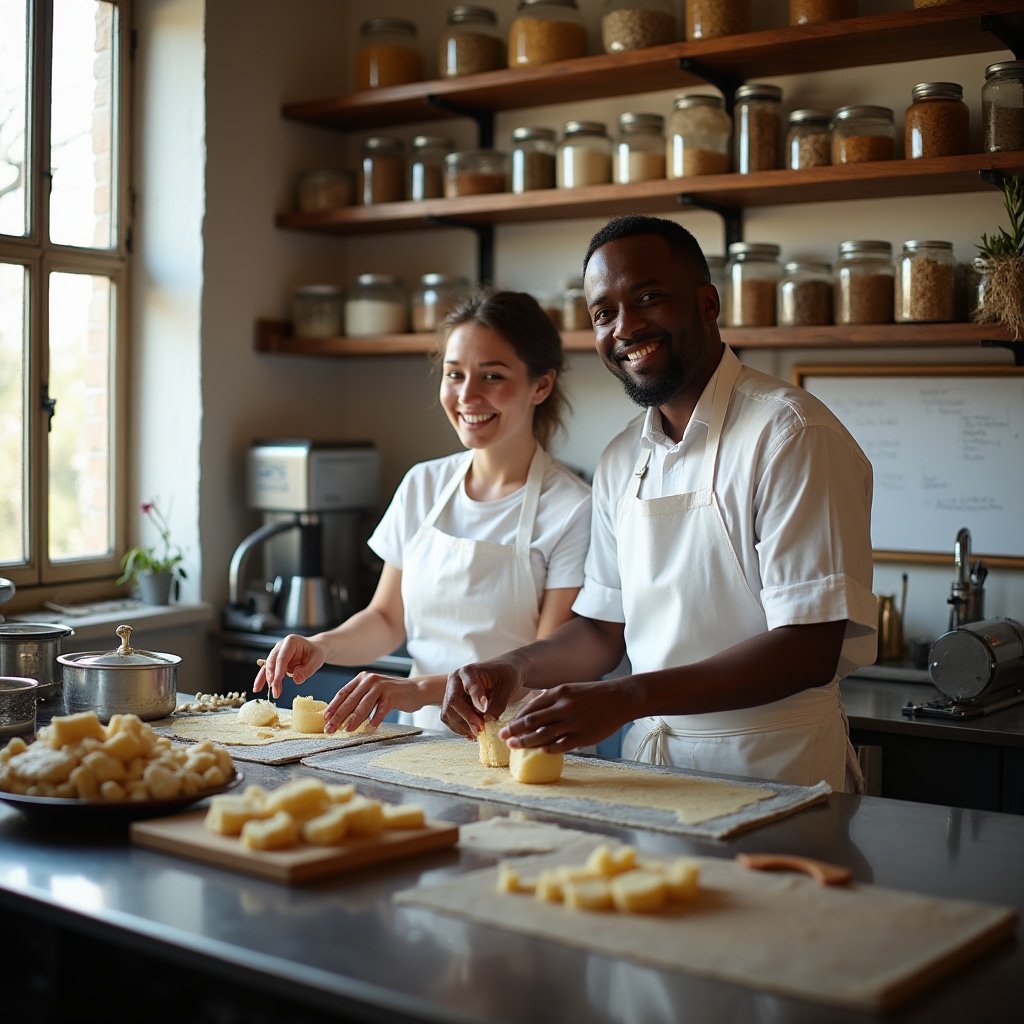 Laboratorio artigianale alimentare con operatori che lavorano prodotti freschi su superfici in acciaio