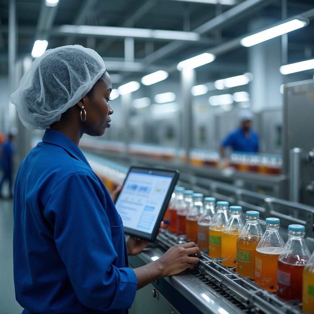 Linea di imbottigliamento bevande con bottiglie in fila su nastro trasportatore in impianto moderno