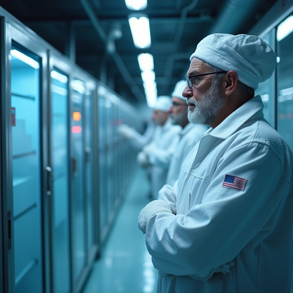 Impianto di lavorazione con catena del freddo, operatori in tute bianche e celle frigorifere visibili