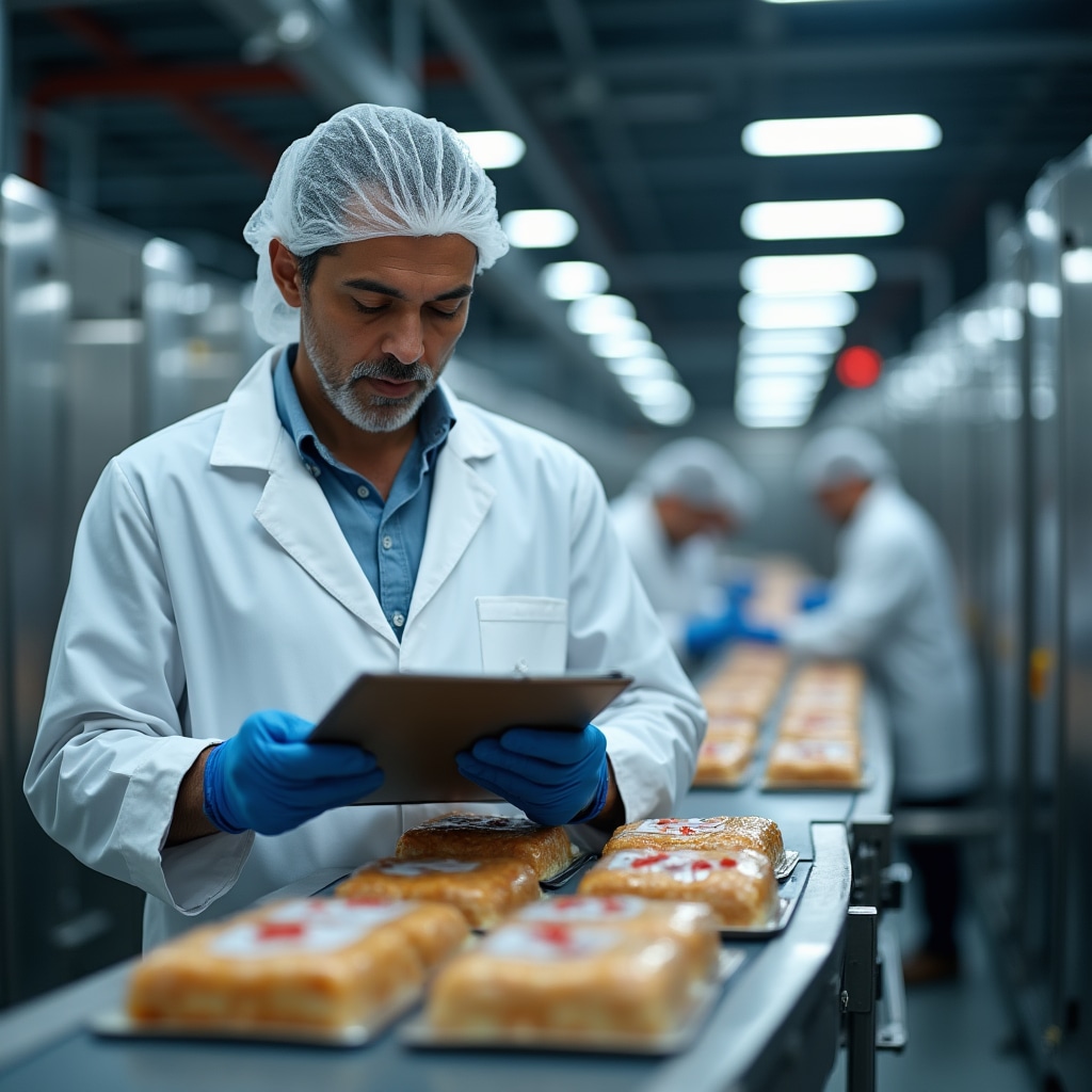 Controllo qualità in linea di produzione alimentare con operatore e strumenti