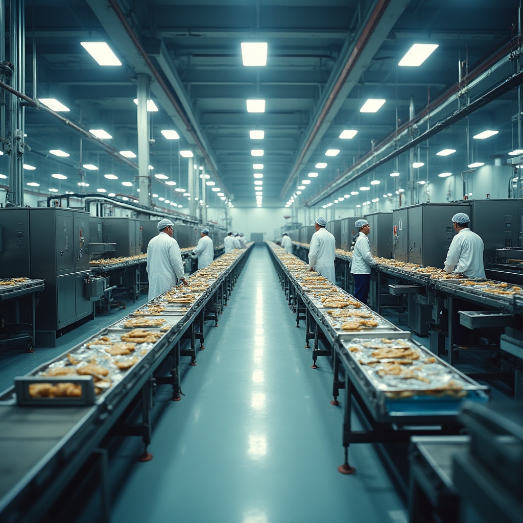 Linea di produzione alimentare industriale con nastri trasportatori e macchinari moderni